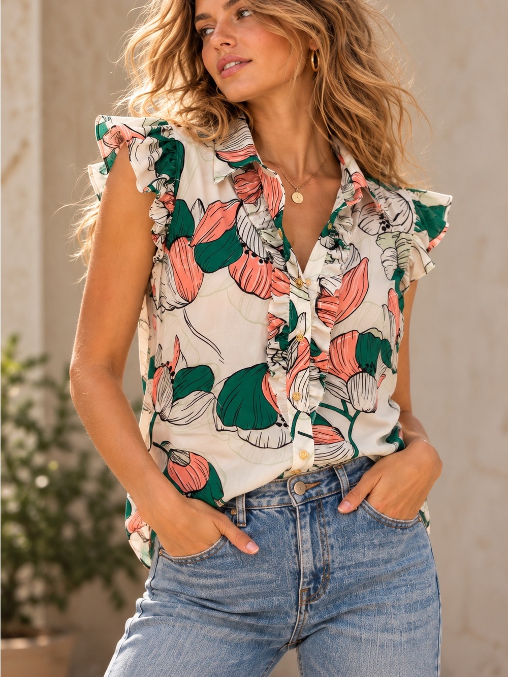 Liz Claiborne Floral Ruffle Blouse S Green Coral Button Front Top